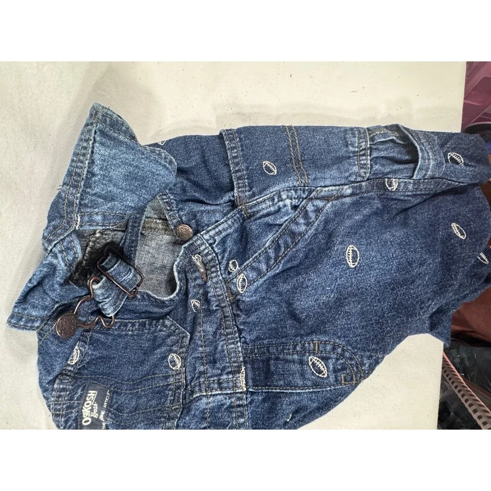 OshKosh Bgosh Kids 3T Blue Denim Football Embroidered Bib Overalls Dark Wash